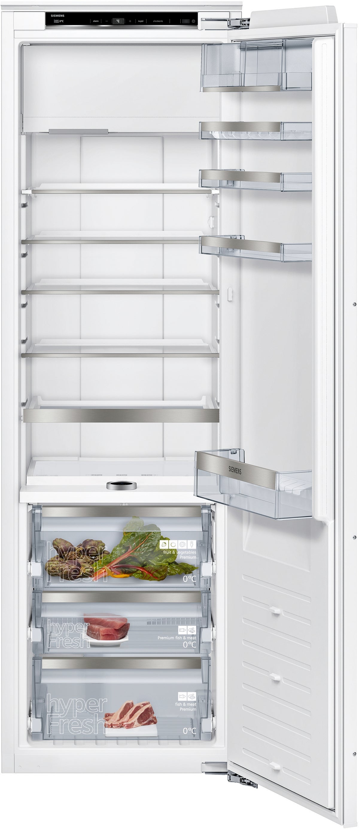 Siemens iQ700, built-in refrigerator with freezer compartment, 177.5 x 56 cm, flat hinge with soft closing