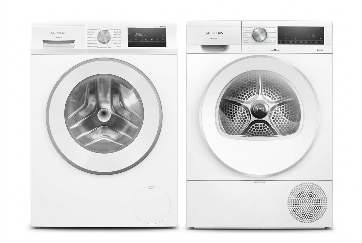 Siemens Waschmaschine WM14N2B4CH und Trockner WQ33G293CH nebeneinander, illustrative Zusammenstellung