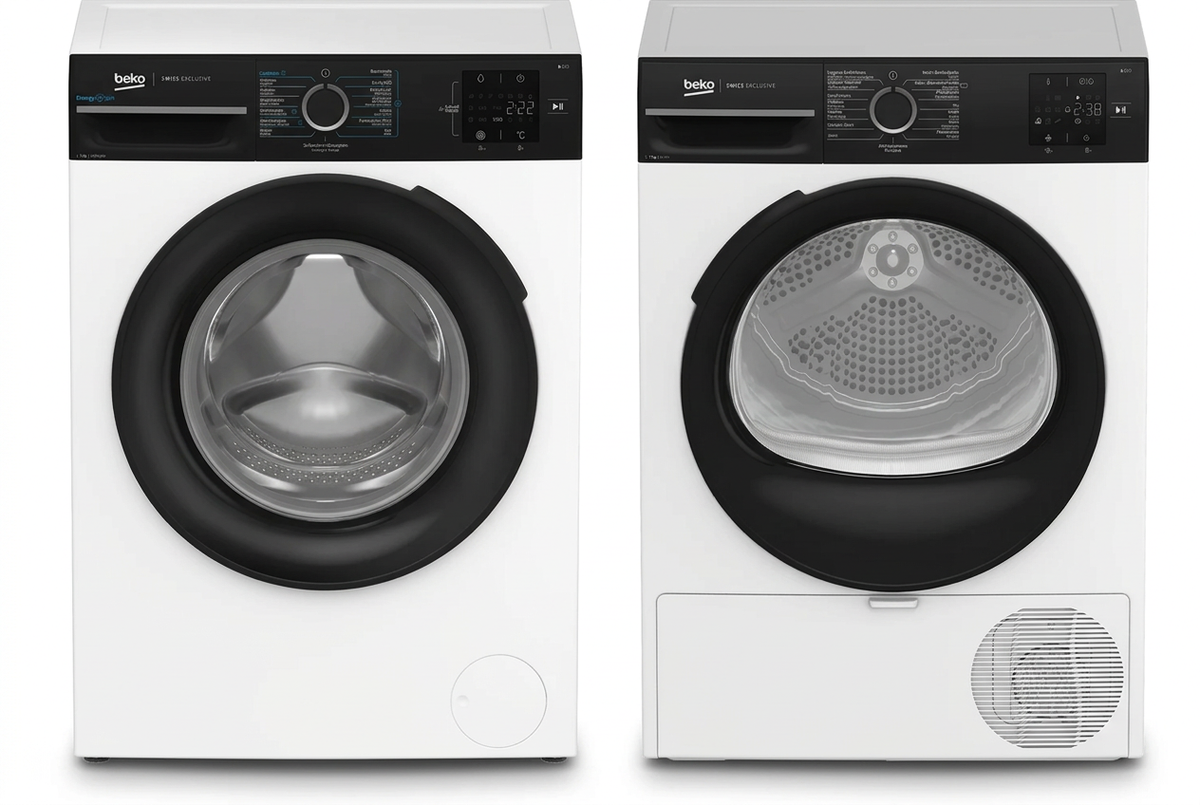Beko Waschmaschine WM207 und Wäschetrockner TR207 nebeneinander, illustrative Zusammenstellung